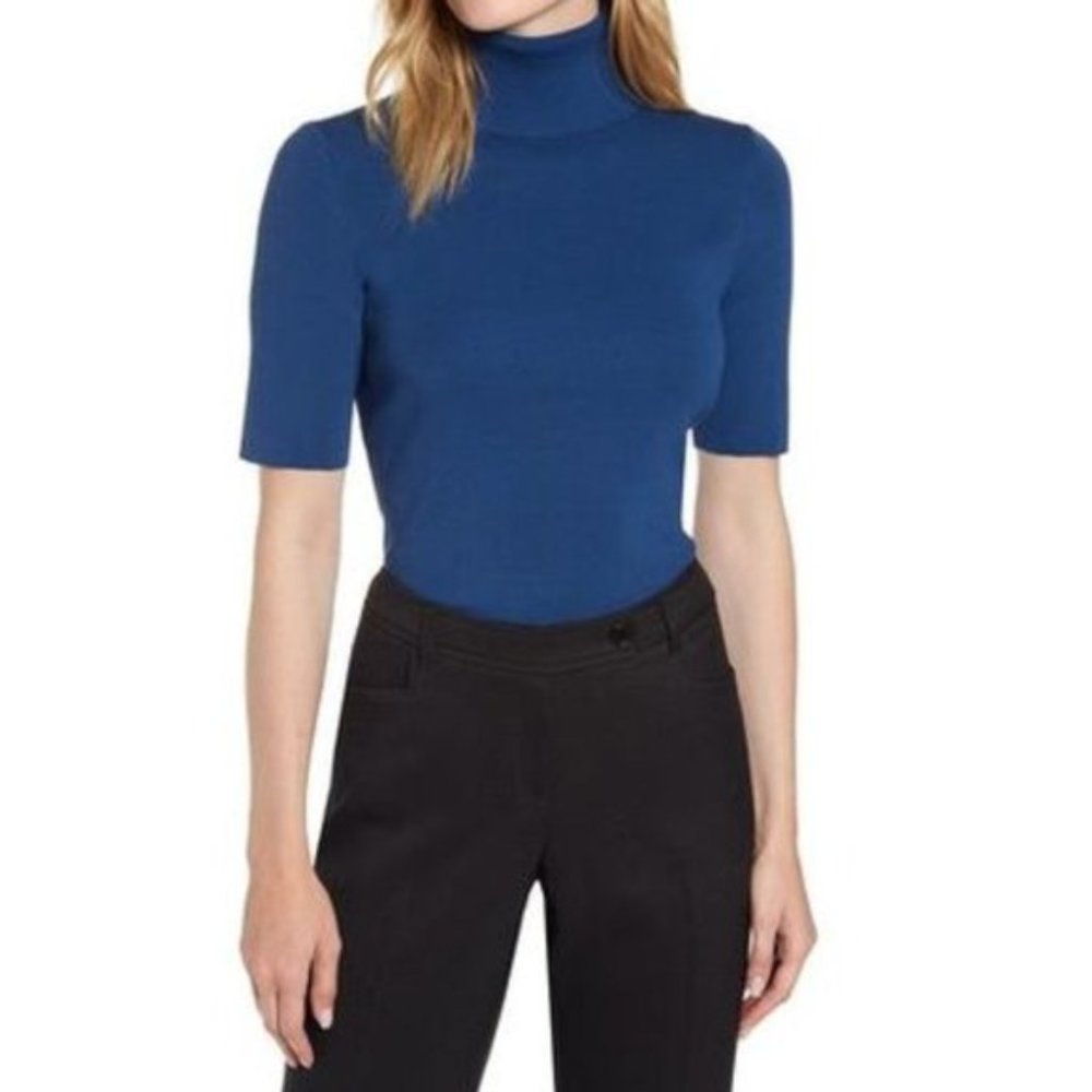 Tanya Taylor Blue Short Sleeve Knit Turtleneck Sz S - Picture 1 of 7